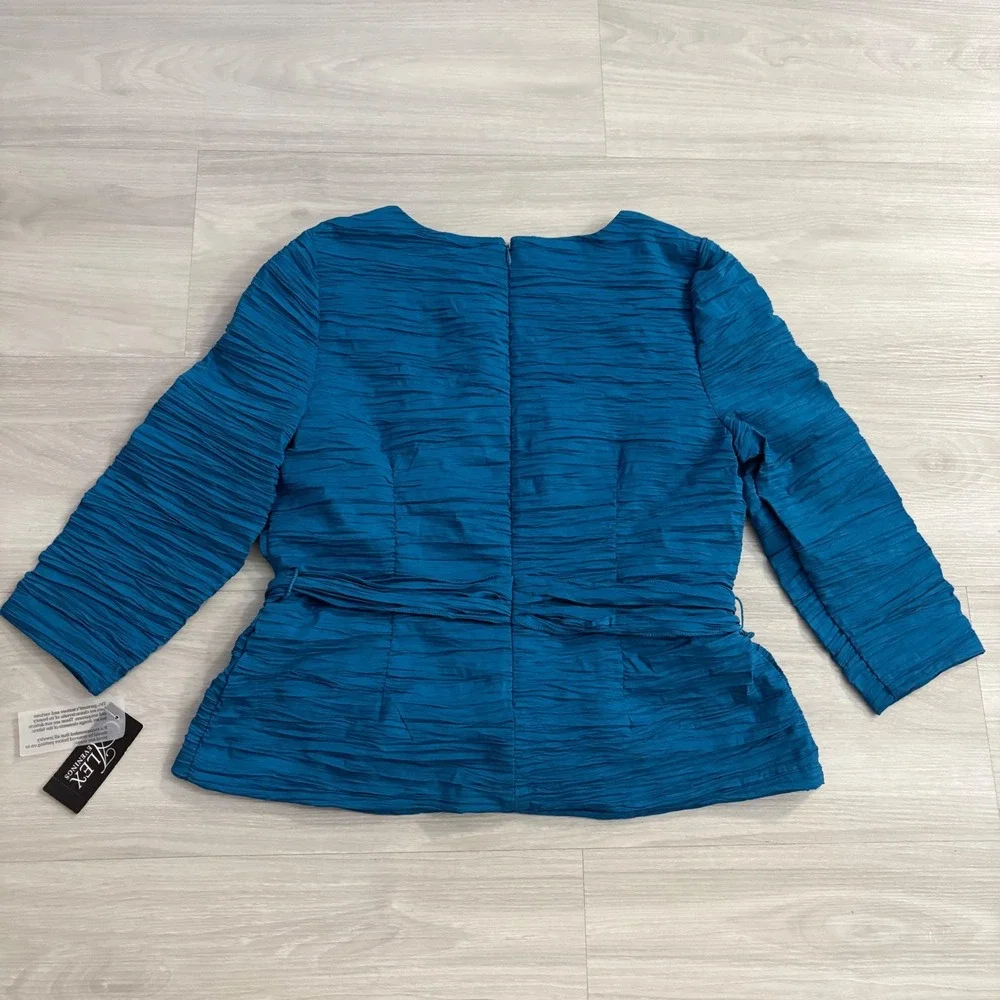 Alex Evenings Top Womens Teal Blue Textured Tie Waist Square Neck Blouse Top L - Picture 3 of 14